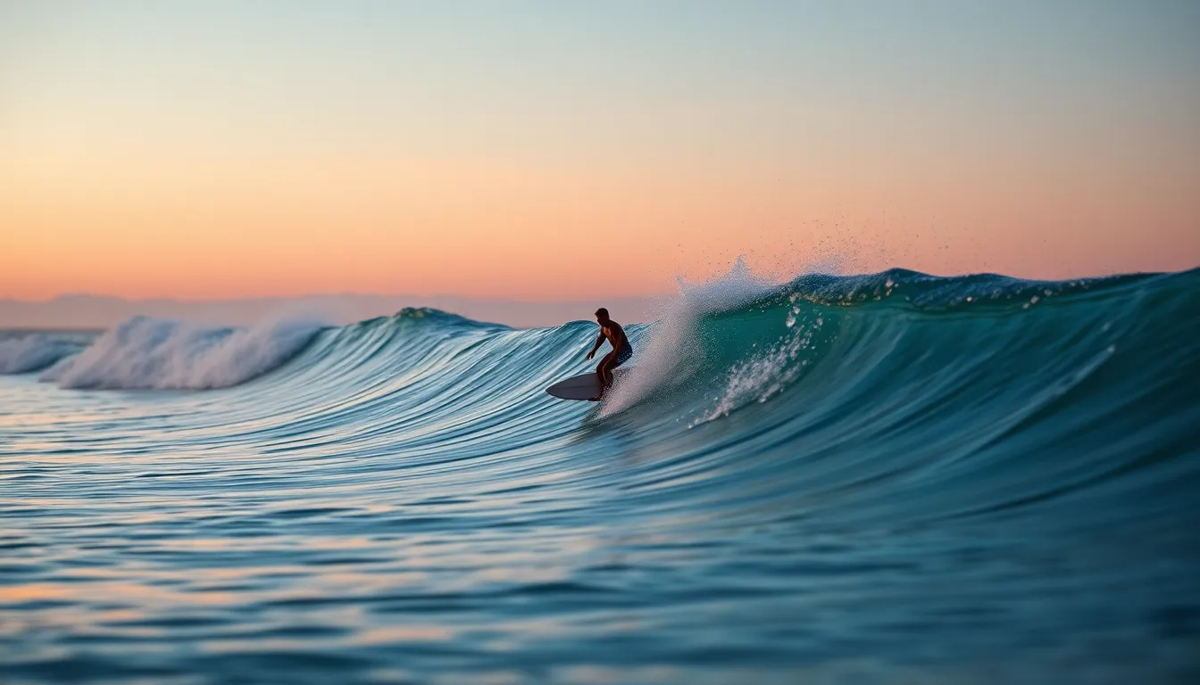 Surfer at Dawn on the Beach