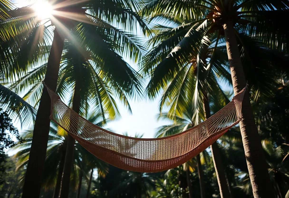 A serene beach scene featuring a rustic hammock strung between two palm trees, swaying gently in the breeze. Dappled sunlight creates beautiful patterns on the ground, emphasizing the soft earth tones of the surrounding landscape. The symmetrical composition invites the viewer to relax and enjoy the tranquility of this idyllic getaway. The natural textures of the palm fronds and hammock fabric enhance the authentic feel of this paradise.