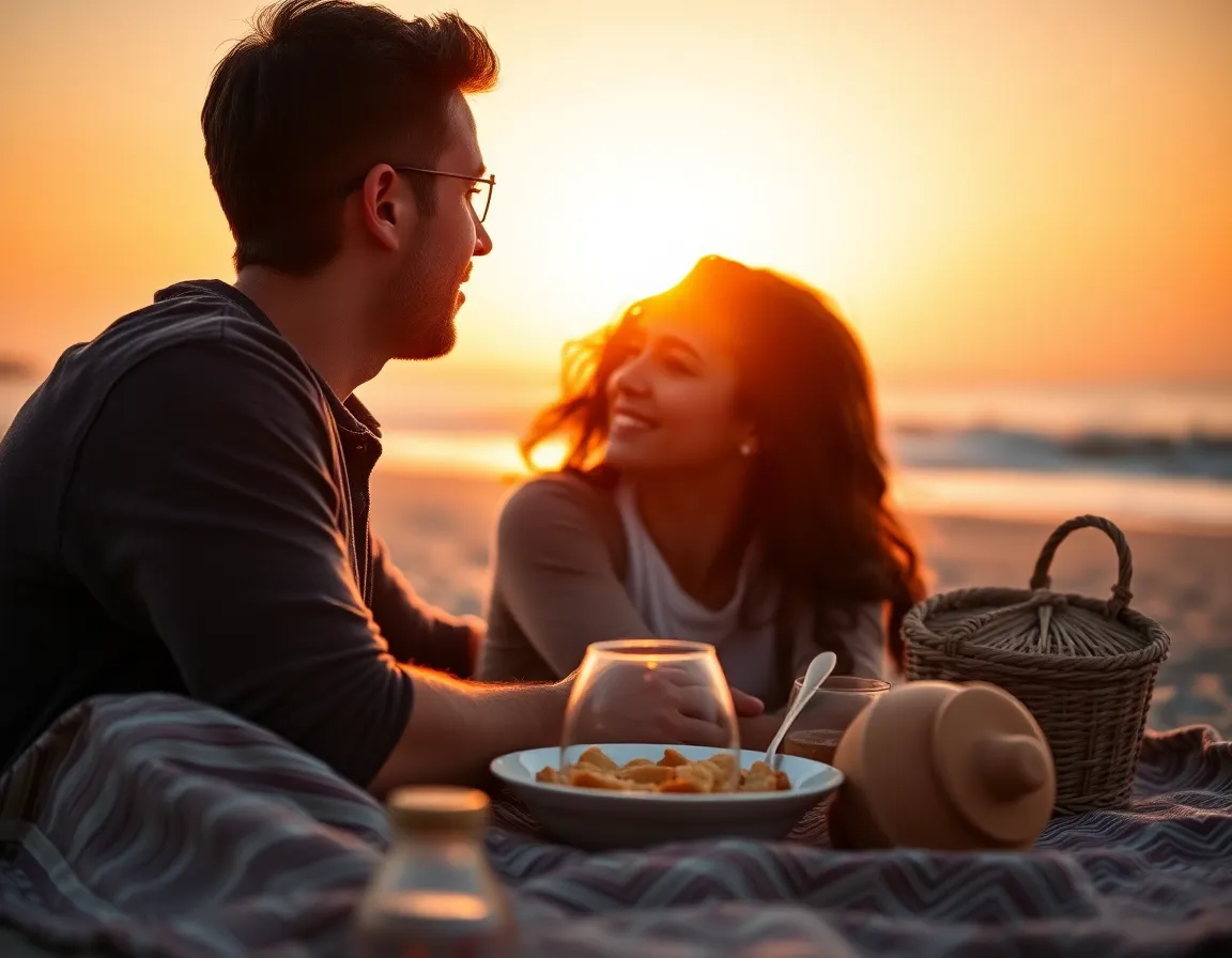 Romantic Sunset Picnic on the Beach This intimate close-up captures a couple enjoying a romantic picnic on the beach at sunset. The warm glow of the golden sun bathes the scene, creating a soft, enchanting ambiance. The shallow depth of field beautifully isolates the couple, while the woven texture of their picnic blanket adds a tactile element. The rich color palette of warm oranges and deep blues evokes feelings of love and tranquility, inviting viewers into this tender moment.