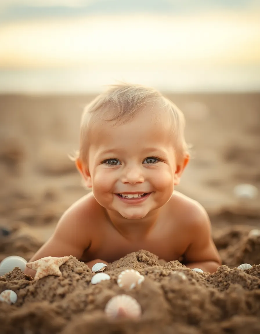 Child Playing in Sand at the Beach A portrait of a joyful child playing in the sand, framed by colorful beach toys and seashells. The warm, soft light highlights the child's sun-kissed cheeks, bringing out their happy expression. With a gentle bokeh background, the focus remains on the child’s delightful moment of play. A perfect image encapsulating childhood joy and summer fun at the beach.