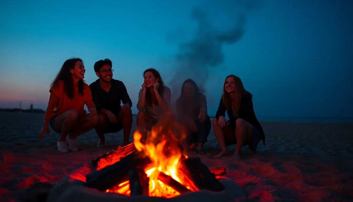 A lively beach atmosphere comes to life with friends gathered around a crackling bonfire as twilight descends. The warm orange glow contrasts beautifully with the deep blue of the evening sky, evoking a feeling of warmth and camaraderie. The Dutch angle enhances the dynamic energy of the scene, with laughing faces illuminated by flickering firelight, capturing the essence of memorable summer nights by the shore.