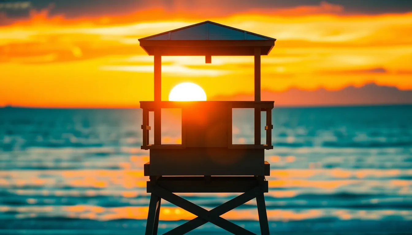 A breathtaking sunset silhouetting a lifeguard tower, the sky ablaze with vibrant orange and teal hues. The focused sharpness on the tower contrasts beautifully with the soft dreamy ocean waves behind it. This captivating scene invites viewers to reflect on the beauty of a beach at dusk, with the sky's warm tones mirroring the serene atmosphere. The striking composition commands attention, making the lifeguard tower a symbol of safety and tranquility.