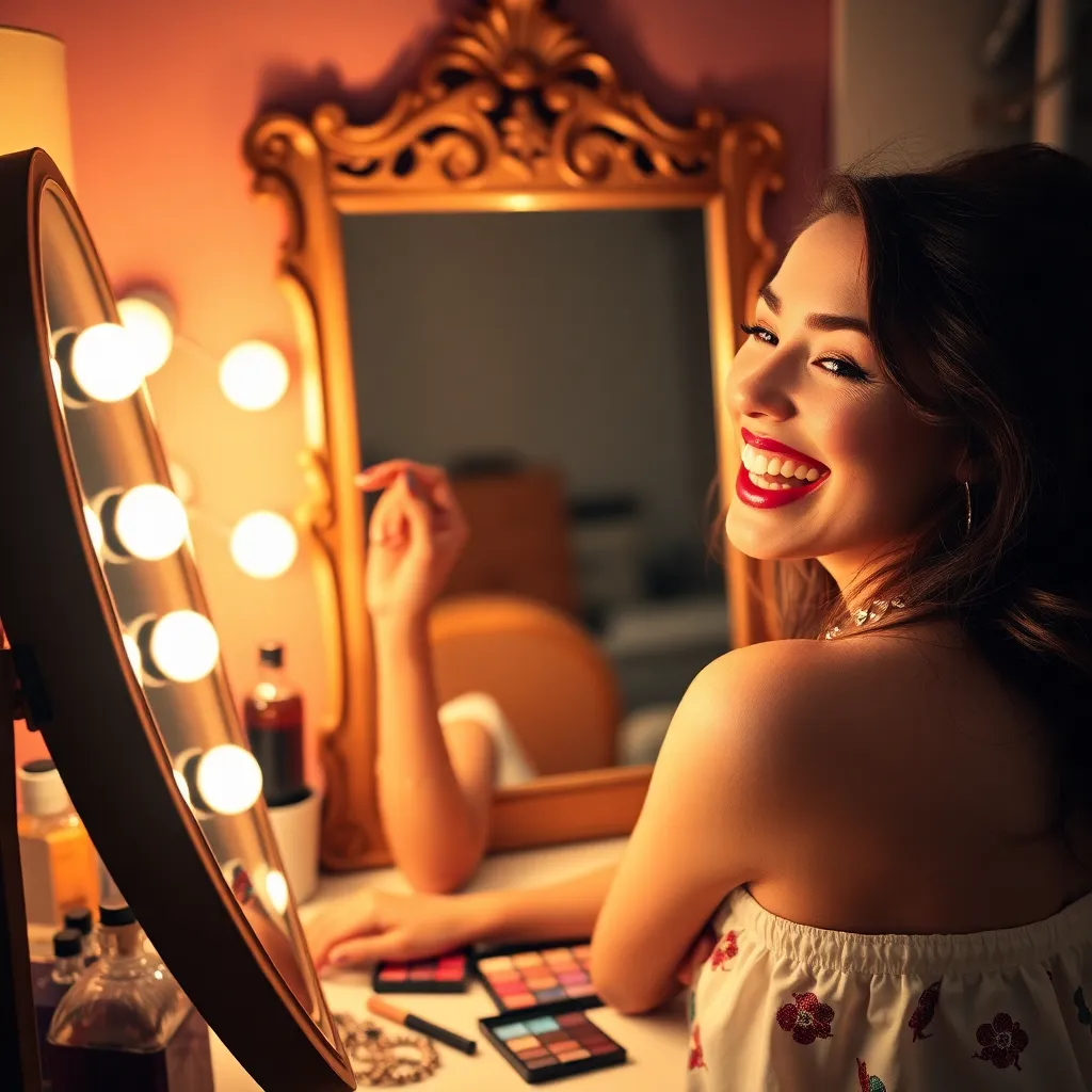 Young Woman Applying Vibrant Lipstick at Vanity