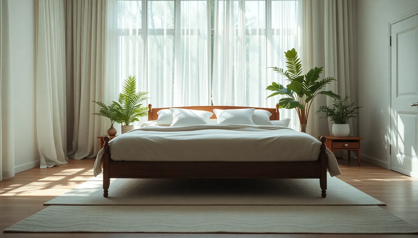 This bright and airy bedroom showcases soft, dappled sunlight filtering through sheer curtains, creating a serene and welcoming atmosphere. The meticulously made bed, adorned with plush pillows, forms the central focus, complemented by lush greenery near the window. The natural muted tones and textured fabrics promote a sense of calm, while the hyperfocal depth allows every detail to be crisp and clear. This space is perfect for relaxation and rejuvenation, inviting you to unwind and enjoy.