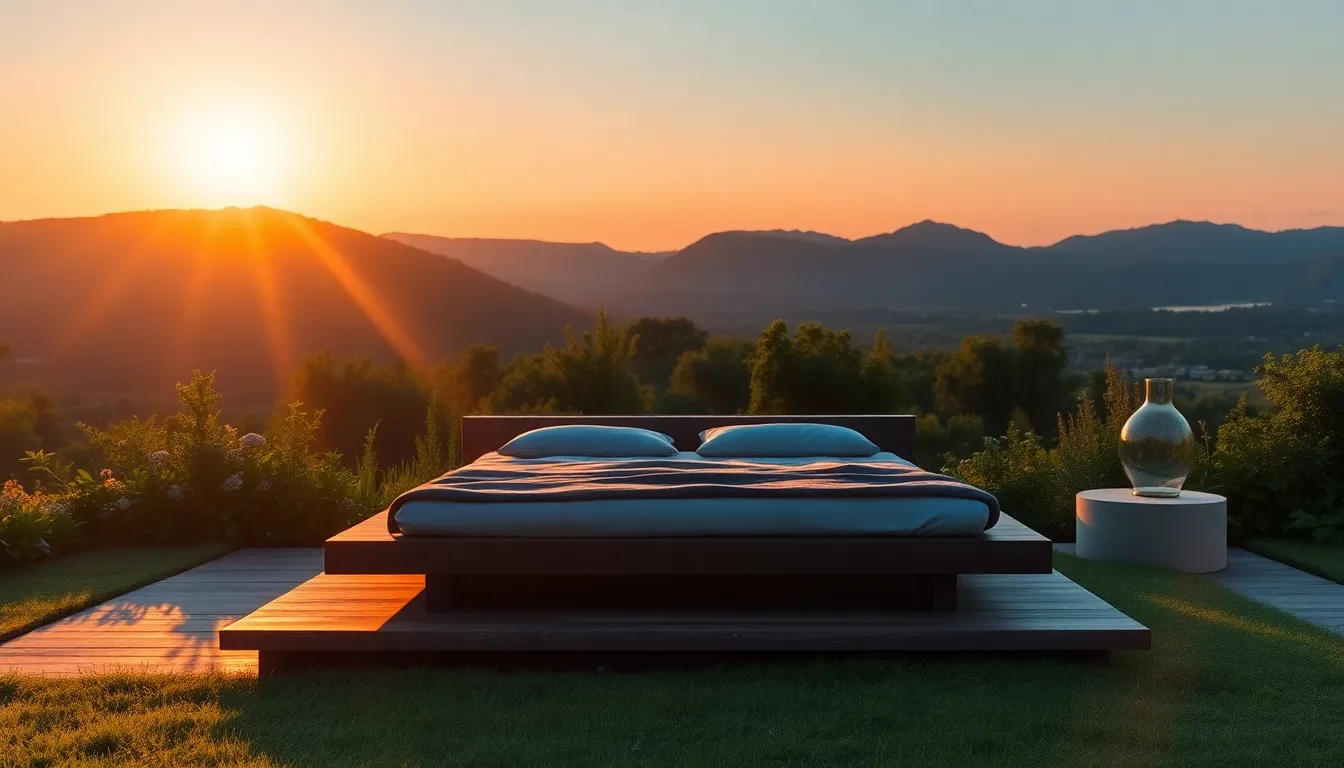 This image beautifully illustrates a modern bedroom, framed by lush greenery and illuminated by golden hour light. The warm backlighting creates a vibrant atmosphere, highlighting the contemporary platform bed and soft bedding. With everything in sharp focus, the composition offers a serene blend of indoor comfort and outdoor tranquility. The saturated colors evoke a sense of calm, inviting the viewer into this peaceful retreat.