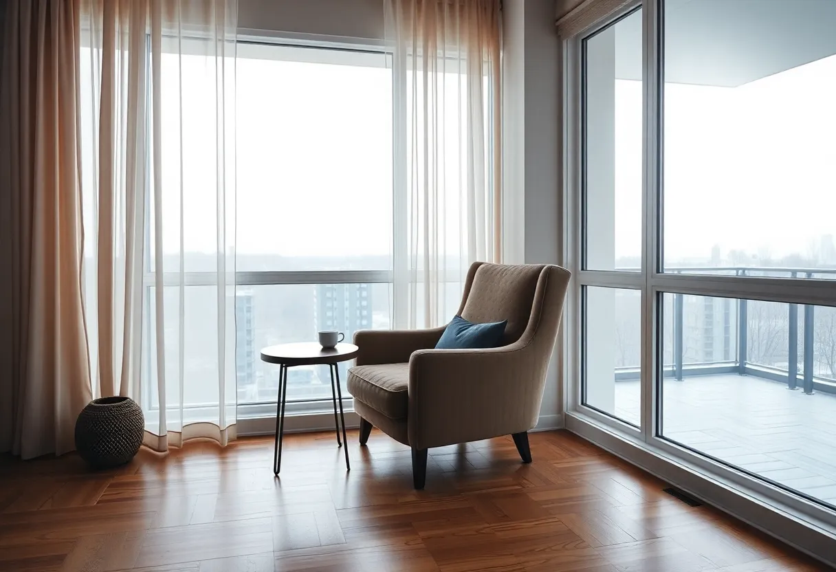 This contemporary bedroom features a cozy reading nook bathed in soft overcast daylight. The plush armchair invites relaxation, positioned perfectly in the composition to draw the viewer's eye. A small side table holds a steaming cup, suggesting a peaceful moment of leisure. The rich wood floors add warmth, while the muted earth tones create a calming ambiance, making it an ideal retreat for readers.