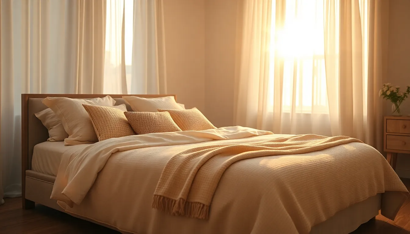 This inviting bedroom captures the essence of tranquility and comfort. Bathed in golden hour light, the soft pastels of the bedding and decor come alive, creating a serene retreat. The expertly styled bed is complemented by natural wood flooring, enhancing the warm ambiance. With a pleasing off-center composition, this image invites viewers to imagine themselves in this peaceful space.