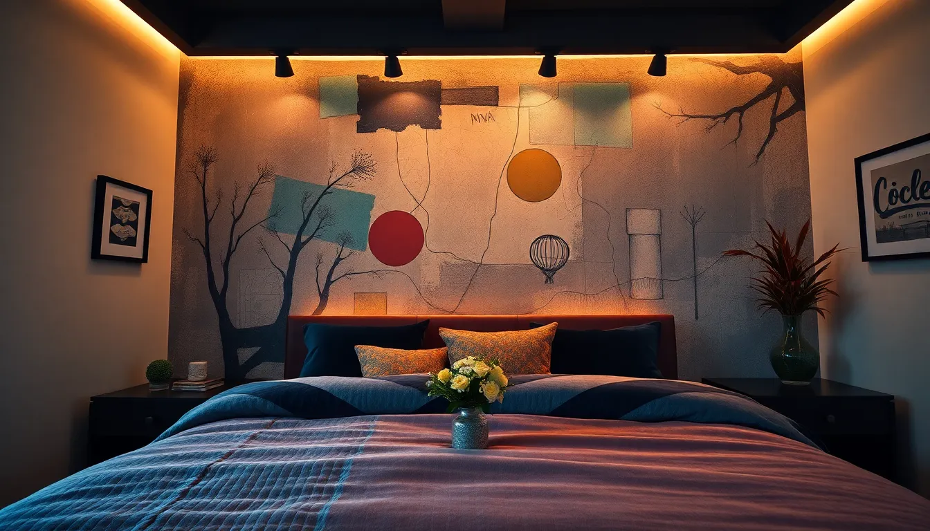This image captures an artistic bedroom featuring a striking wall mural and curated decor that evoke a gallery feel. The dramatic overhead lighting highlights the rich textures of the mural and plush velvet bedding. A hyperfocal depth of field ensures sharpness throughout the scene, revealing intricate details in both the mural and decor. The bold color palette and symmetrical composition invite viewers into this uniquely vibrant and creative space.
