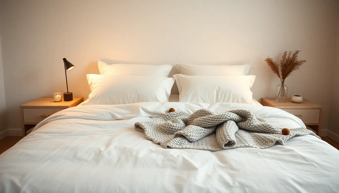 This minimalist bedroom features a beautifully arranged bed dressed in crisp white sheets, complemented by tasteful decorative accents. Practical warm tungsten lighting enhances the inviting atmosphere, providing a cozy feel. The shallow depth of field captures the rich textures of the linens while maintaining a calm backdrop. The centered symmetrical composition emphasizes simplicity and order, offering a tranquil retreat.