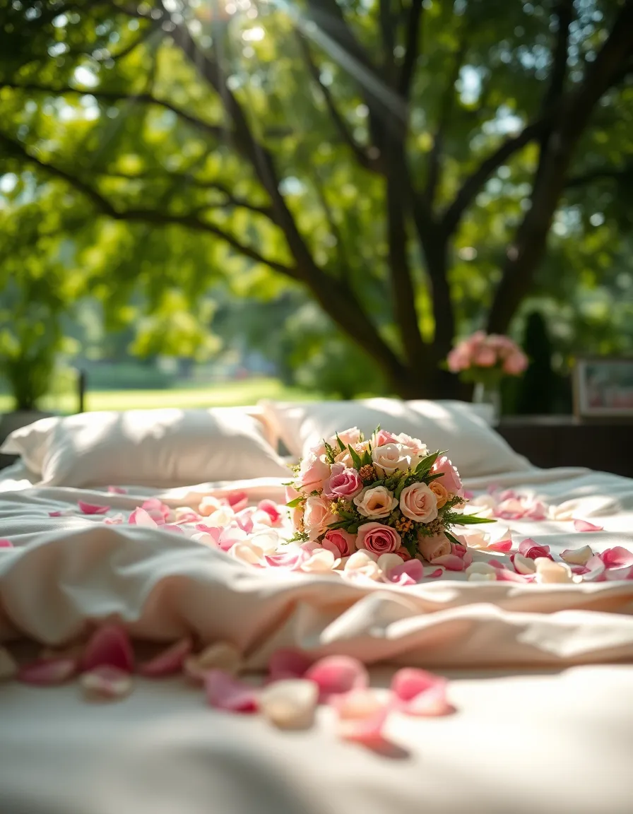 This serene rustic bedroom retreat invites a sense of calm with dappled sunlight filtering through overhead tree leaves, casting gentle bokeh highlights. The focus on a vintage trunk at the foot of the bed adds character, while the leading lines of wooden beams enhance flow and depth. Textured throw blankets and pillows complement the decor, creating a warm and inviting space perfect for relaxation.
