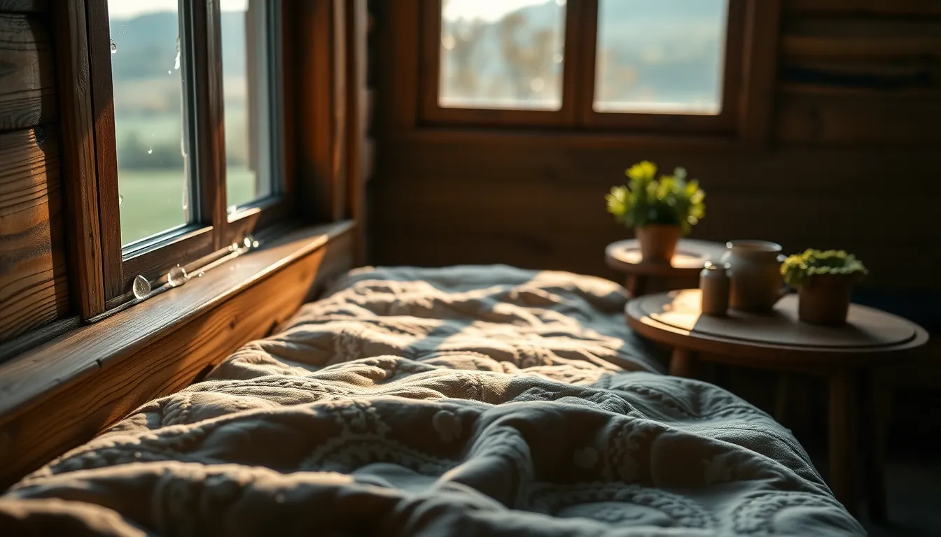 This macro photograph of a rustic bedroom immerses the viewer in a warm, inviting atmosphere. Morning dew droplets glisten on the wooden window sill, with natural light spilling in and illuminating the cozy quilt draped across the bed. The careful composition uses hyperfocal distance to maintain clarity on the quilt and bedside table while gently blurring the outside landscape. Natural muted tones bring forth the earthy beauty of wood and textiles, inviting a sense of comfort and homeliness into the frame.