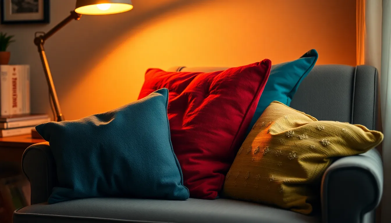 This image captures a cozy reading nook within a bedroom, showcasing a vibrant assortment of colorful throw pillows on a plush armchair. The warm glow from a tungsten lamp creates an inviting atmosphere, while soft bokeh in the background enhances the intimate feel of the scene. The playful arrangement of pillows against the muted pastel backdrop adds character and charm, making it a perfect spot for relaxation.
