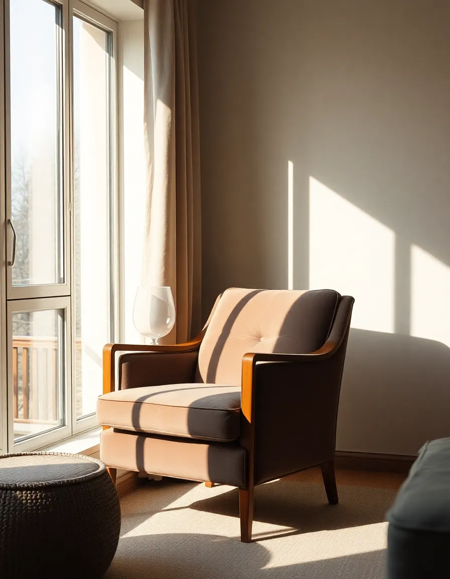 This image features a stylish accent chair in a bedroom, beautifully lit by morning sunlight filtering through a nearby window. The soft shadows created by butterfly lighting accentuate the chair's velvet texture and elegant wooden armrests. The composition places the chair at a third of the frame, drawing attention to the details in fabric and light. Natural muted tones enhance the serene environment, inviting a sense of relaxation.