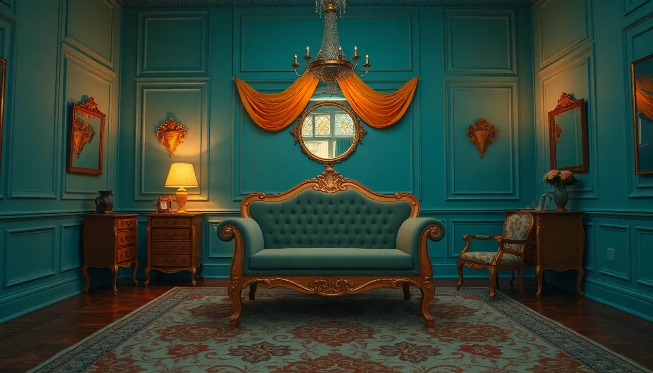 This image showcases an elegant vintage bedroom suite with ornate furnishings, beautifully lit with a carefully arranged studio setup. The butterfly lighting creates soft shadows that accentuate the intricate details of the furniture. A balanced symmetrical composition highlights the grandeur and charm of the vintage style. The cinematic teal and orange color grading adds a rich visual contrast, enhancing the luxurious feel of the scene.
