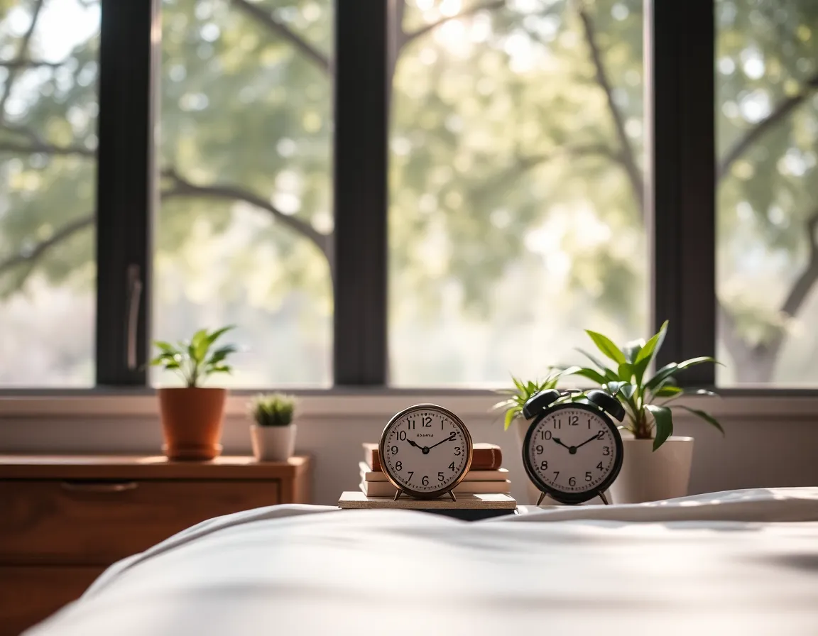 This charming image captures the essence of a serene bedroom through a detailed view of a bedside table. Dappled sunlight filters through nearby trees, creating enchanting bokeh highlights around the scene. The selective focus emphasizes the arrangement of books and a vintage clock, while the soft curves of the table enhance the organic feel. Muted tones accented with hints of green from potted plants create a tranquil and inviting atmosphere.
