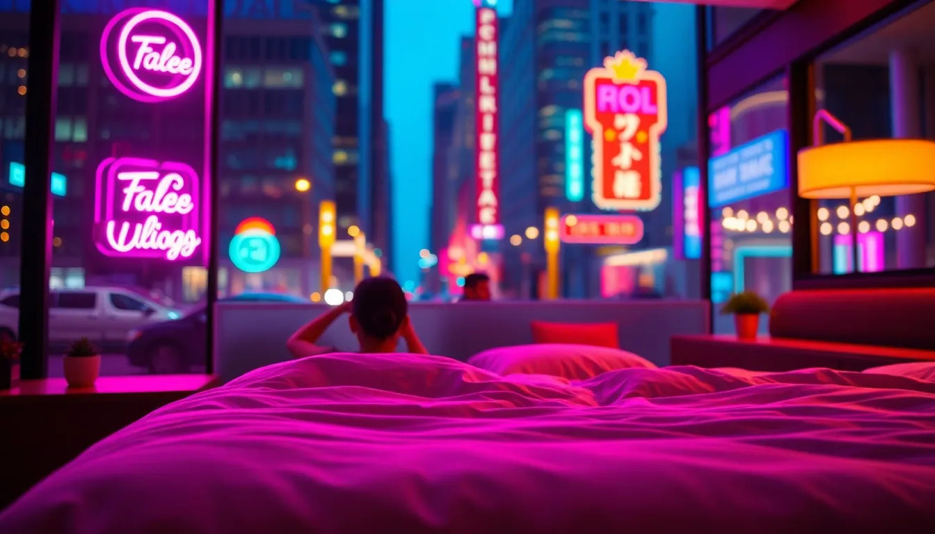 This image captures a stylish urban bedroom during dusk, illuminated by the warm glow of neon signage outside. The vibrant purple and blue hues reflect off the sleek furniture, creating an energetic atmosphere. The selective focus draws the viewer’s attention to the inviting bedding, while the dynamic color grading adds a modern edge. Positioned slightly off-center, this composition draws the eye in, showcasing the unique design and ambiance of the space, making it perfect for urban dwellers.