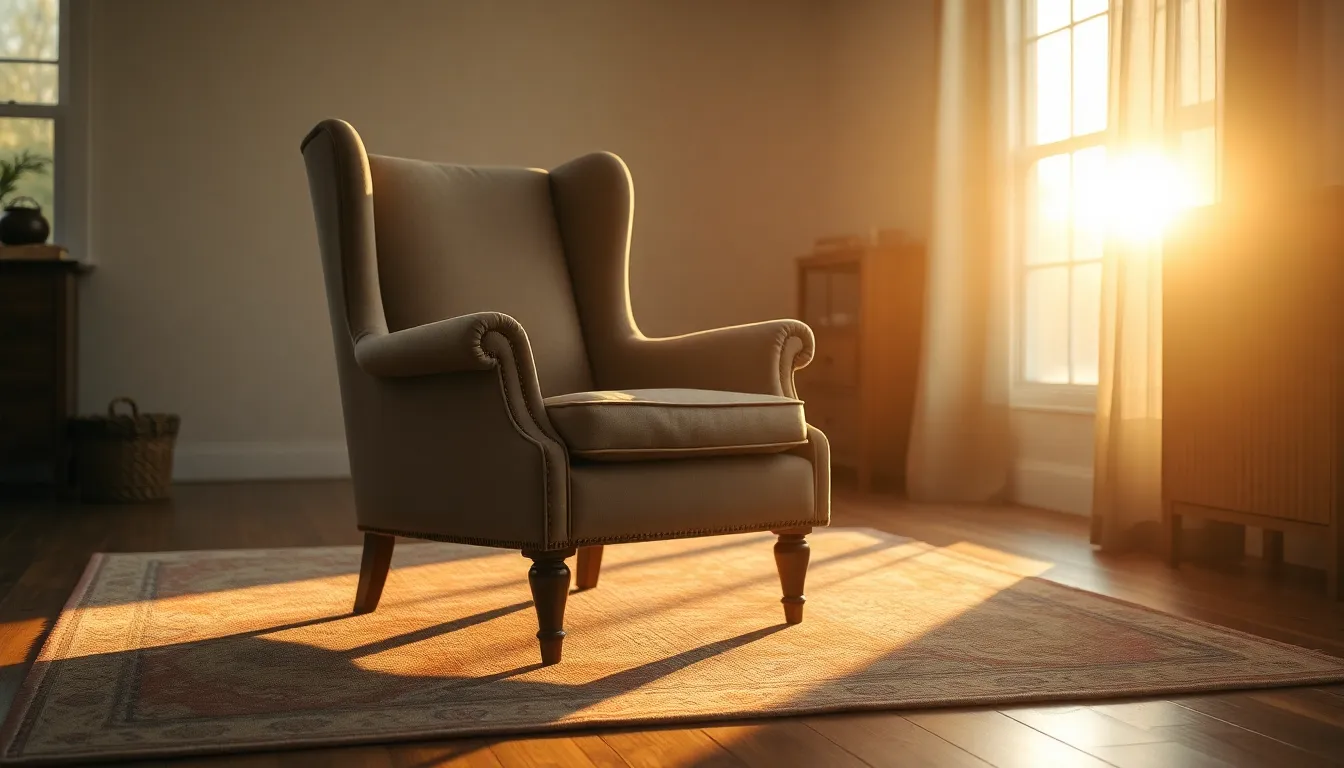 This charming bedroom scene captures a vintage armchair illuminated by golden hour light, creating an inviting atmosphere. The backlighting casts warm glows, enhancing the plush fabric texture of the chair. Natural, muted tones blend seamlessly, while leading lines from the rug guide the viewer's focus. This inviting setup evokes warmth and nostalgia, perfect for a cozy reading nook.