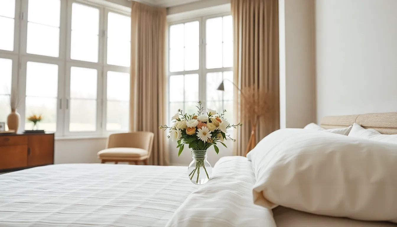 This minimalist bedroom scene emphasizes simplicity and tranquility with a focus on a bedside table adorned with fresh flowers. The soft, diffused daylight streaming through large windows sets a calm mood, while the muted earth tones of the decor evoke a sense of serenity. The composition employs leading lines to draw attention to the neatly made bed, enhancing the overall minimalist aesthetic.