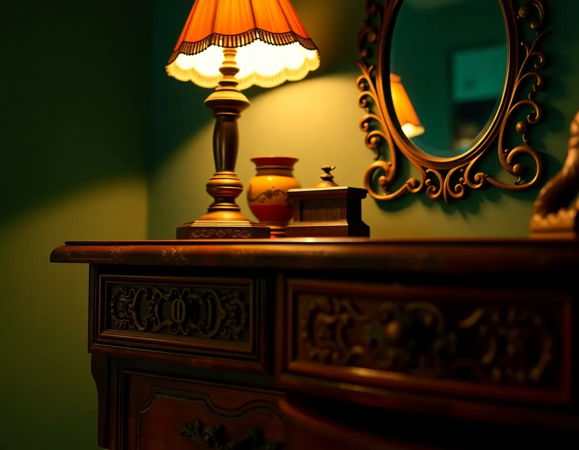 This elegant bedroom scene showcases an antique dresser, beautifully illuminated by the warm glow of a tungsten lamp. The intricate carvings of the dresser are highlighted against deep shadows, creating a dramatic atmosphere. The vintage mirror reflects the room's charm, while the cinematic color grading enhances the overall warmth. This setup embodies classic elegance and timeless style, perfect for showcasing interior design.