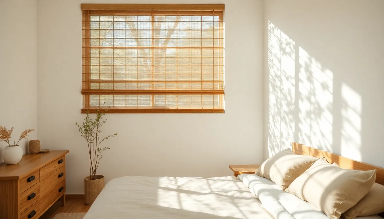Experience the tranquility of this minimalist bedroom, designed for relaxation and peace. Natural light streams softly through bamboo blinds, casting delicate shadows and enhancing the serene color palette of neutral tones. The room's focus on organic materials creates a warm and inviting atmosphere. This image beautifully captures simplicity, making it an ideal choice for modern design inspiration.
