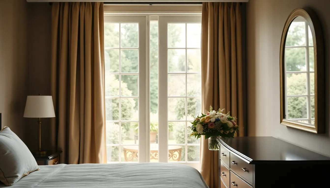 Luxurious Bedroom with Garden View This elegant image presents a luxurious bedroom adorned with plush velvet curtains that frame a picturesque garden view. Soft, diffused daylight highlights the intricate textures and details, creating a serene atmosphere. A beautifully arranged bouquet on a dresser captures focus, while a gentle blur of the background enhances depth. The muted color palette harmonizes with the natural surroundings, creating a calm retreat.