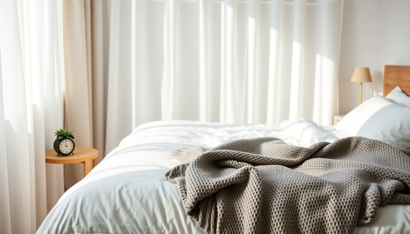 Serene Bedroom with Natural Light This image captures a tranquil bedroom bathed in soft natural light. A plush bed adorned with crisp white linens and pastel pillows invites relaxation, while sheer curtains diffuse the daylight. The warm wooden floors add a cozy touch, complemented by a small potted plant on the nightstand. The shallow depth of field creates a dreamy background, enhancing the serene atmosphere and earthy color palette.