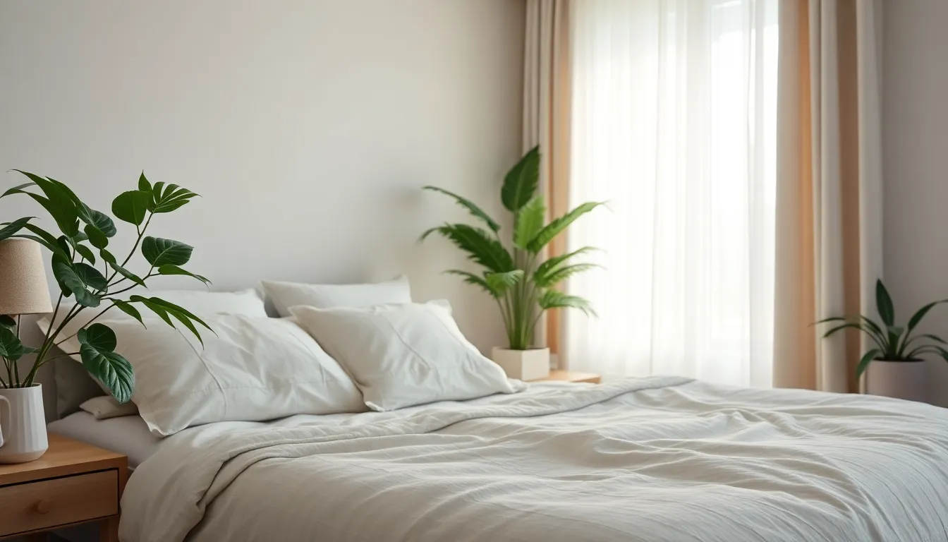 A serene bedroom scene featuring a beautifully made bed adorned with soft pastel linen bedding. The soft morning light filters through sheer curtains, casting a gentle glow across the room. Houseplants subtly frame the bed, enhancing the peaceful atmosphere. The color palette of creamy whites and light grays contributes to a calming and inviting vibe, perfect for showcasing modern bedroom interiors.
