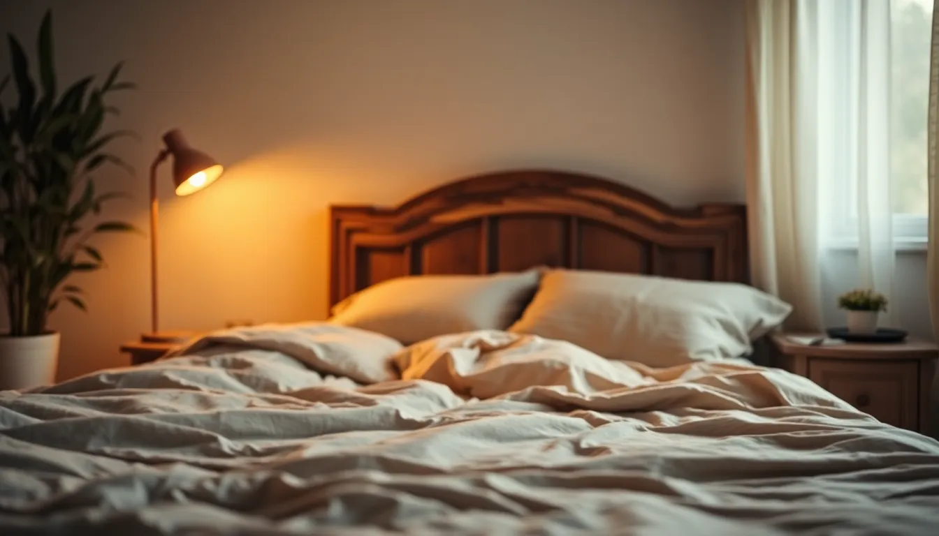 This image showcases a warm, inviting bedroom featuring soft linen bedding against a vintage wooden headboard. A warmly lit desk lamp casts a gentle glow, creating a serene atmosphere. The carefully arranged plants add a touch of nature and vibrancy. The composition uses the rule of thirds to draw attention to the plant while maintaining balance with the bedding and rug textures.