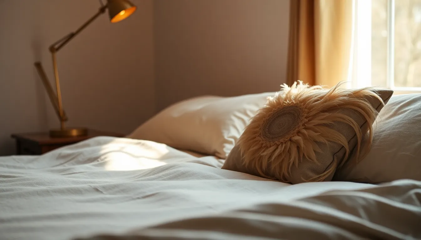 A cozy bedroom scene showcasing a neatly made bed adorned with textured linen sheets and a soft feather pillow. Warm tungsten light casts a gentle glow over the room, creating a serene atmosphere. The background blurs softly, drawing attention to the inviting bed. This composition invites relaxation, framed by a window that introduces soft light into the space.