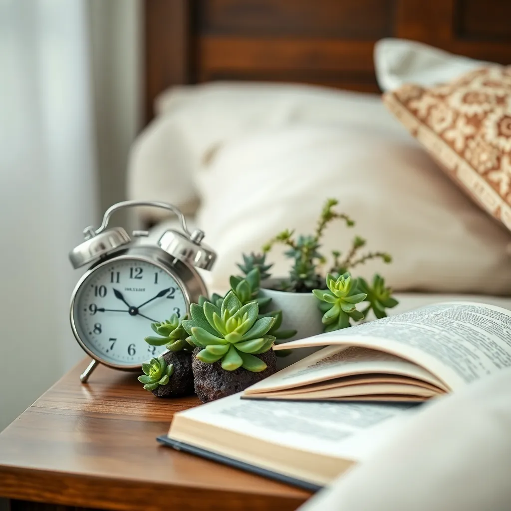 An intimate close-up of a vintage bedside table adorned with a classic alarm clock, vibrant succulents, and an open book. Soft overcast daylight illuminates the scene, highlighting the beautiful textures of each item. Earthy tones dominate the color palette, enhancing the organic and cozy atmosphere of the bedroom. This image offers a personal glimpse into the little details that make a space feel like home.