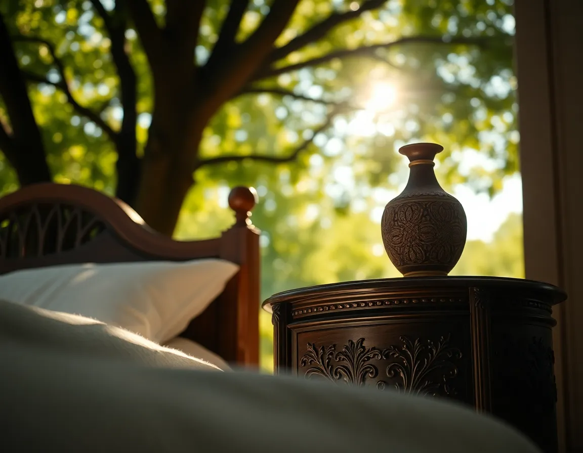 Focusing on a charming vintage bedside table, this image captures intricate carvings and a delicate vase bathed in dappled sunlight. The warm color palette creates a cozy and nostalgic mood, while the soft highlights enhance the table's textures. The composition uses leading lines to guide the viewer’s gaze, inviting them to appreciate the beauty of the details.