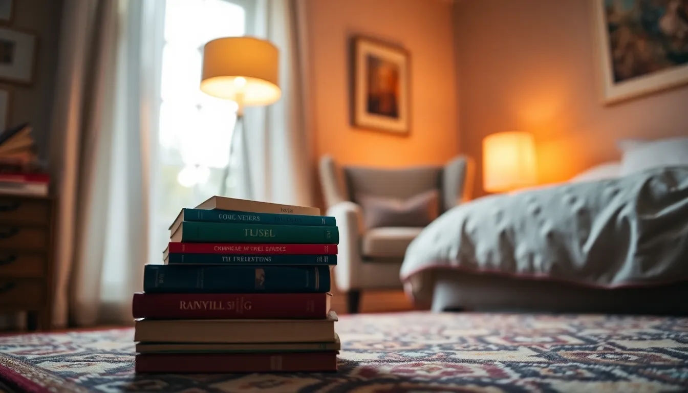 This charming reading nook within a bedroom invites relaxation and comfort. Bathed in warm light from an elegant floor lamp, the space is filled with inviting colors and textures. The focus on the colorful stack of books leads the viewer’s gaze into a cozy scene, enhanced by the plush armchair and patterned rug. This image perfectly captures the essence of a personal retreat for book lovers.