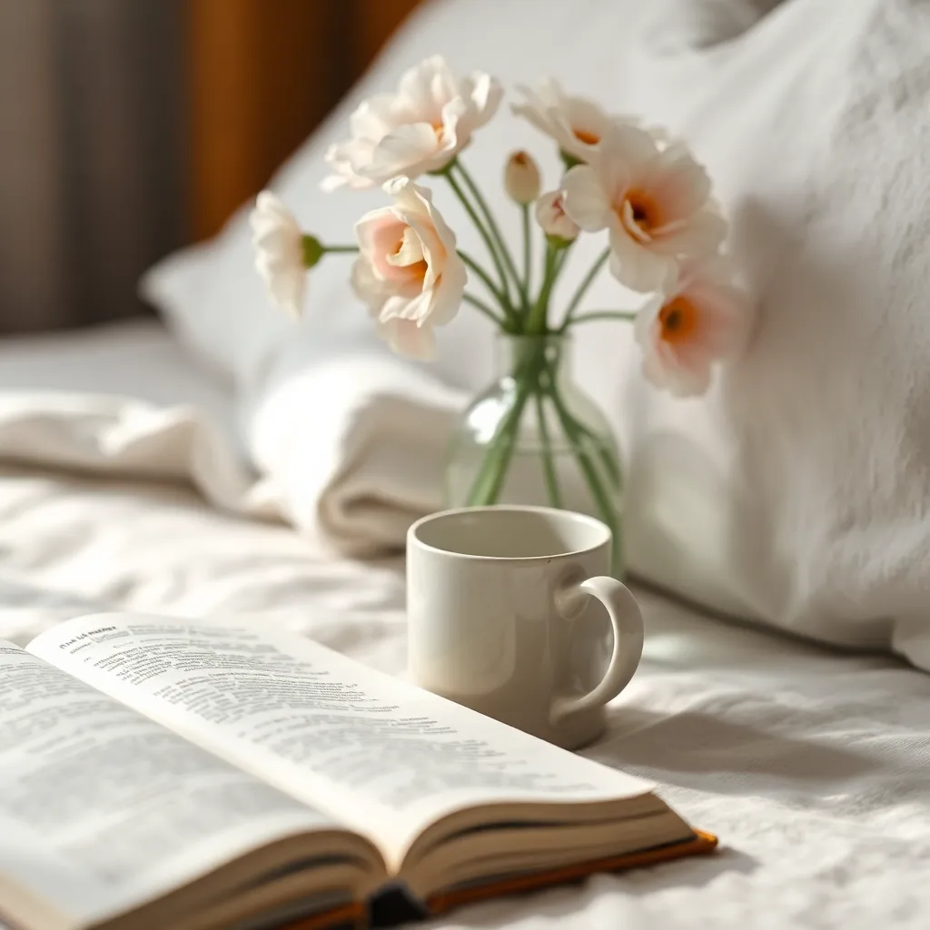 Intimate Close-up of Bedside Table This close-up captures an intimate scene of a bedside table, showcasing personal morning rituals. Soft morning light highlights a ceramic mug, an open book, and freshly cut flowers in a vase. The shallow depth of field artfully isolates these details, creating a dreamy background. The muted pastel color palette radiates calmness, inviting viewers to immerse themselves in the peaceful ambiance.