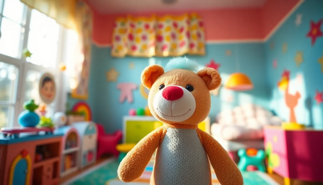 This vibrant children's bedroom is filled with colorful toys and playful decor, creating an atmosphere full of joy. Cheerful dappled sunlight filters through whimsical window treatments, casting soft light across the space. A plush toy takes center stage with soft focus, while the background melts into a dreamy bokeh. The composition's leading lines enhance the playful theme, inviting exploration in this joyful environment.