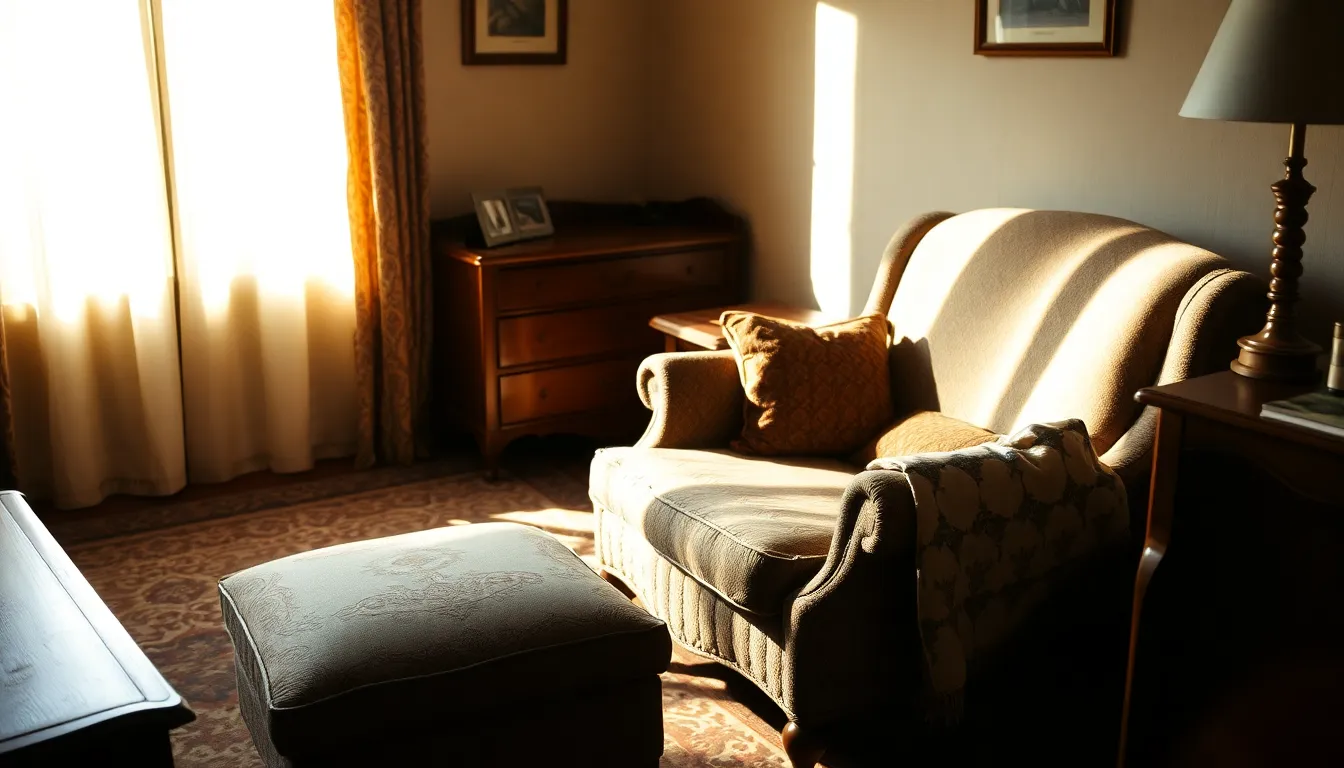 An enchanting vintage bedroom corner is bathed in soft afternoon light, highlighting a plush armchair and a patterned rug. The warm shadows create a cozy atmosphere, enhancing the rich textures of the fabrics and aged wood furniture. Shallow depth of field beautifully isolates the inviting armchair, while the warm earth tones and muted patterns evoke a nostalgic feel. The composition uses leading lines to draw the viewer's eye to the intimate reading nook, perfect for relaxation.