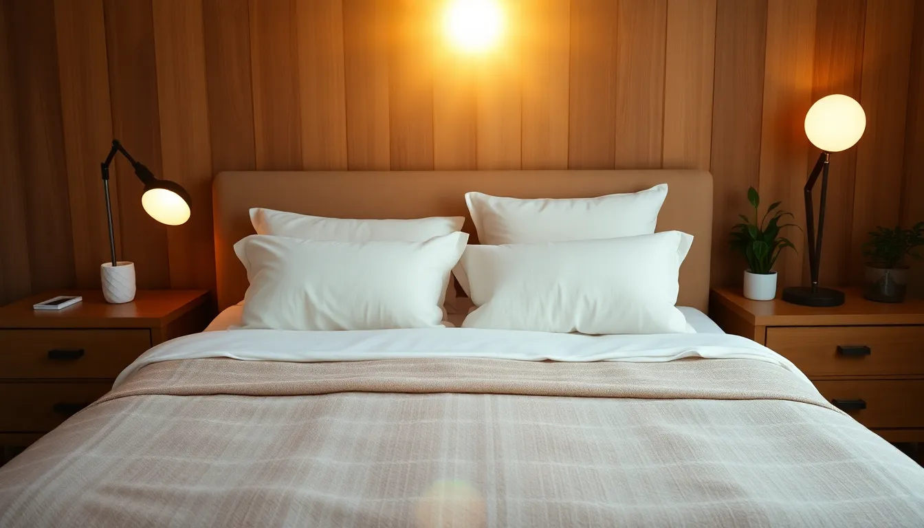This serene bedroom scene captures the warmth of golden hour light, highlighting a beautifully made king-size bed. The carefully arranged pillows and soft throw blanket invite relaxation, while natural wooden elements add warmth. The subtle texture of the linen fabric contrasts with the sleek design of the bedside tables adorned with decorative plants. The composition creates a peaceful and inviting atmosphere, perfect for a cozy retreat.