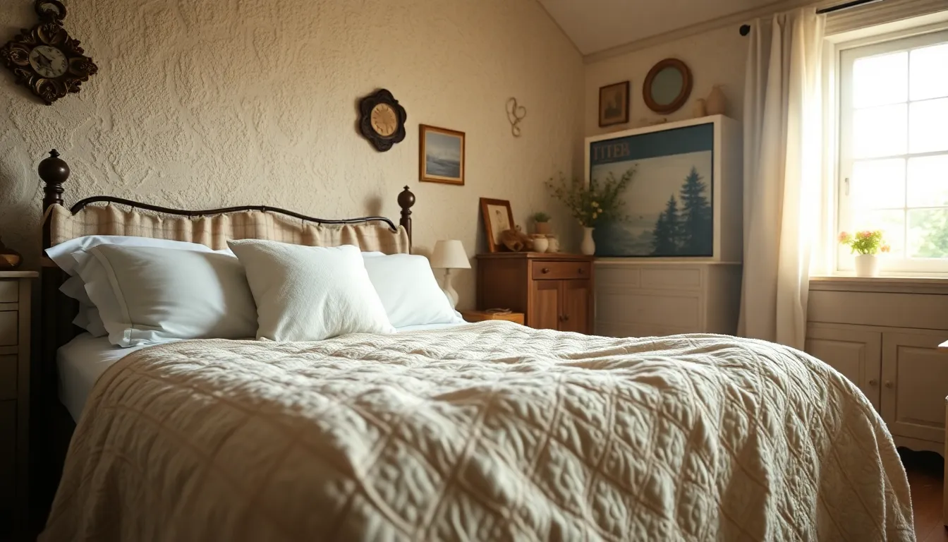 This cozy cottage bedroom is beautifully illuminated by soft morning light, creating a warm and inviting atmosphere. A comfortable bed draped with a textured quilt and a fluffy pillow enhances the charm of the vintage decor. The shallow depth of field emphasizes the intricate patterns of the quilt while creating a dreamy ambiance. The soft pastel and warm neutral color palette complements the inviting feel of the space, making it a perfect retreat.