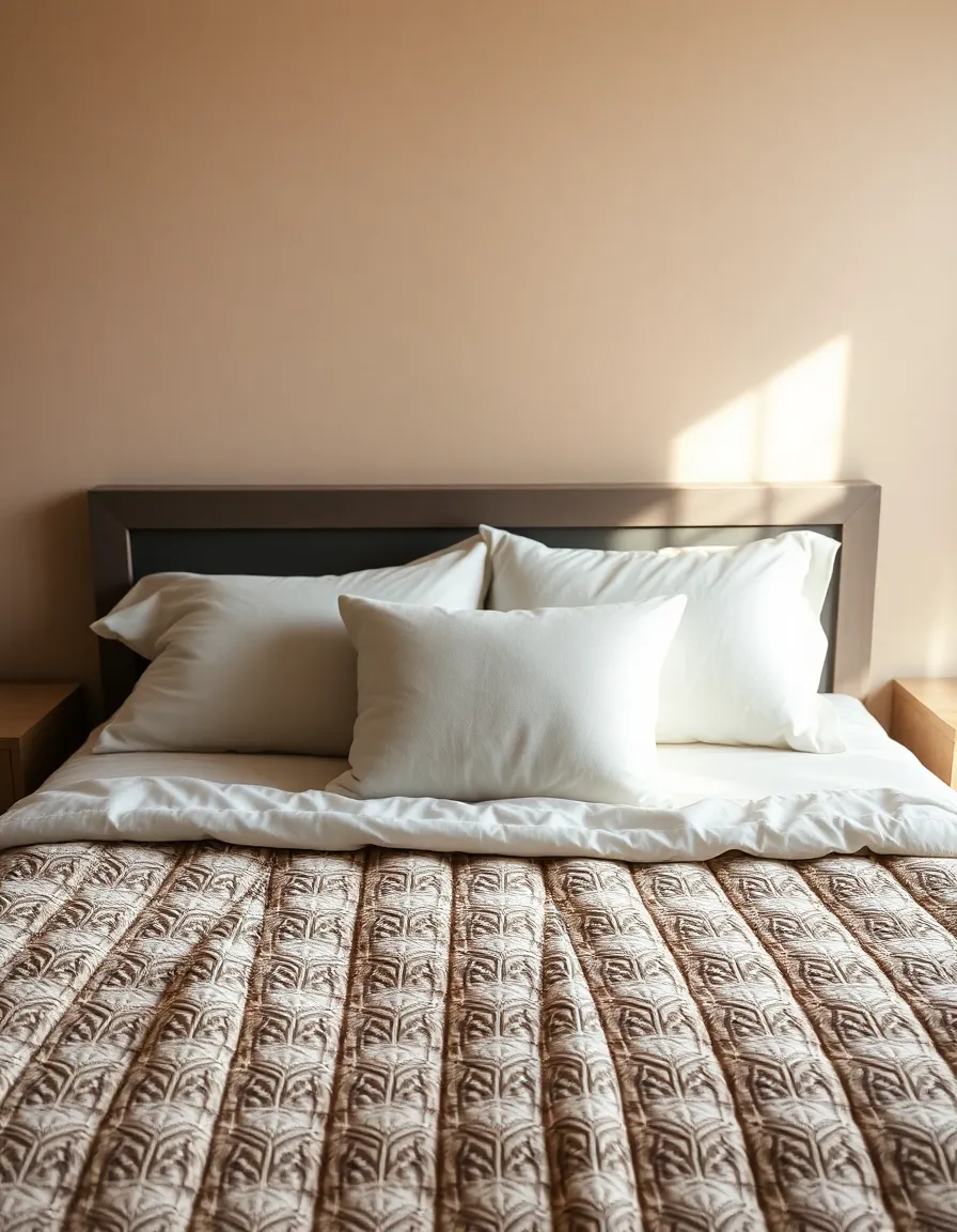 This beautiful image depicts a freshly made bed adorned with a textured quilt and plush pillows in a pastel-colored bedroom. The warm rim light creates a cozy atmosphere, highlighting the softness of the textiles. With a shallow depth of field, attention is drawn to the bed while the background softly fades. This serene setting evokes feelings of comfort and tranquility.
