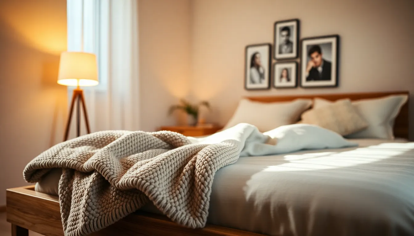 This image captures a cozy bedroom scene anchored by a natural wood headboard and soft linen bedding. Warm tungsten lighting creates an inviting atmosphere, accentuating the textures of the fabrics and the rich grain of the wood. The shallow depth of field draws attention to the plush pillows, creating a serene and intimate mood. The composition follows the rule of thirds, providing a balanced and visually appealing layout.