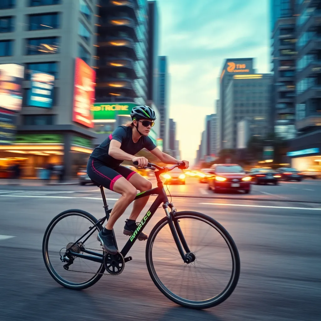 Cyclist Racing Through Urban Twilight