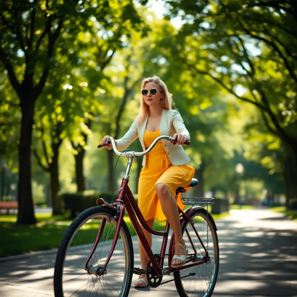 Woman Riding Vintage Bicycle in Park