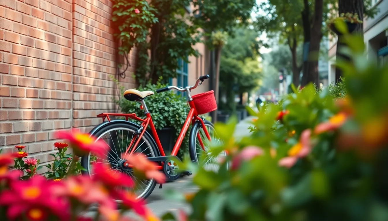 Vibrant Urban Bicycle Against Brick Wall This image showcases a striking red bicycle parked against an urban brick wall, surrounded by vibrant greenery and colorful flowers. Soft daylight filters through the trees, creating a warm and inviting atmosphere. With a shallow depth of field, the bicycle stands out sharply against a beautifully blurred background of flowers and foliage. The composition captures the essence of urban life intertwined with nature.