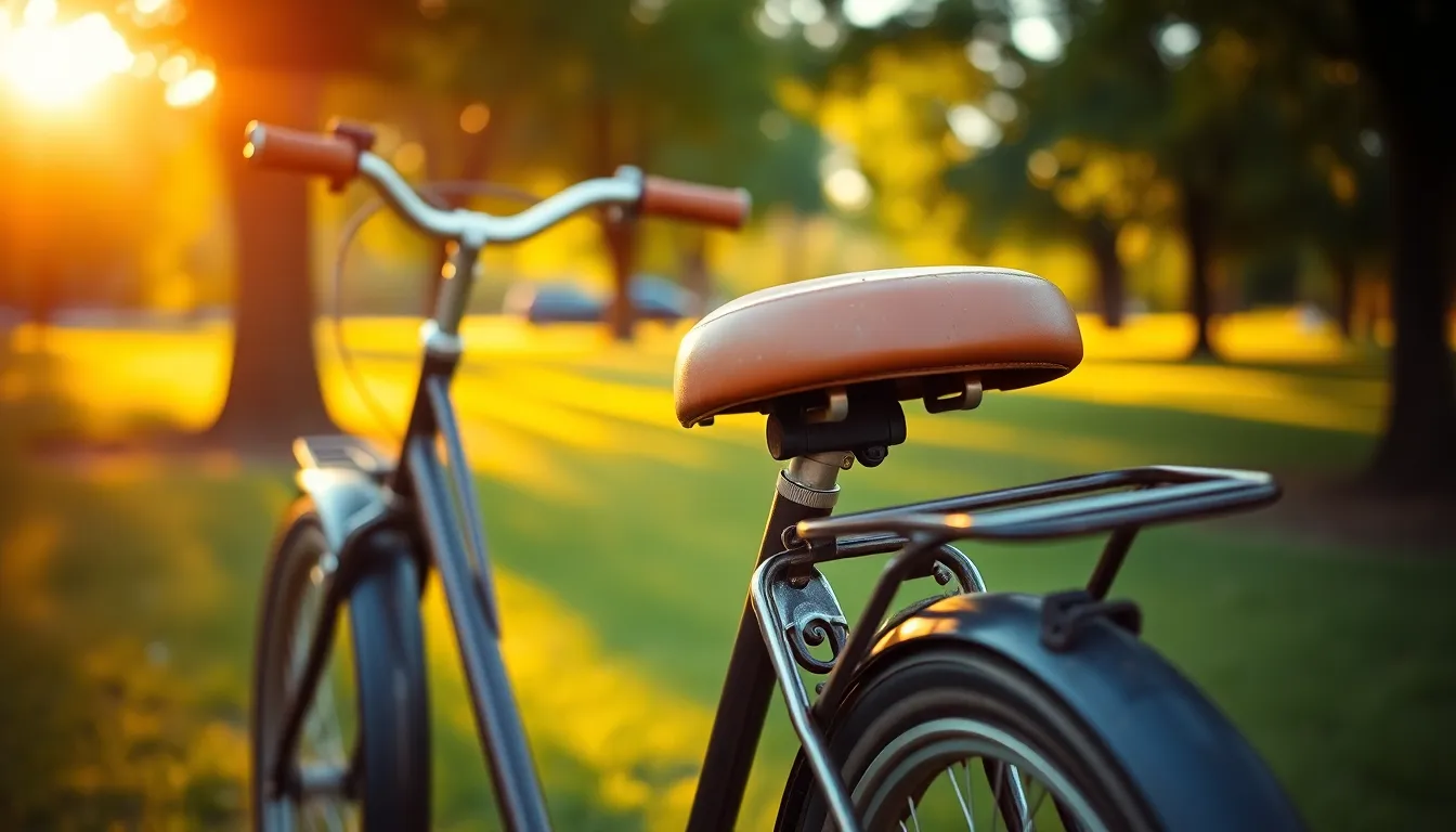 Vintage Bicycle in Sunlit Park This image captures a vintage bicycle parked in a sunlit park during golden hour. The warm backlighting highlights the weathered leather seat and soft green grass beneath, creating a serene and nostalgic atmosphere. The composition draws your eye symmetrically to the bicycle, while the creamy bokeh from the out-of-focus background adds depth. The warm tones of the Kodak Portra 400 color palette enhance the inviting mood of the scene.