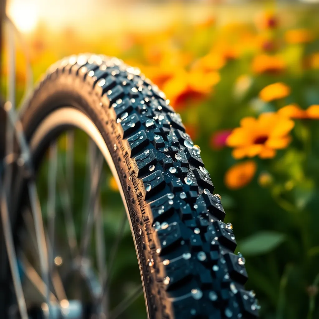Close-Up of Bicycle Wheel with Dew