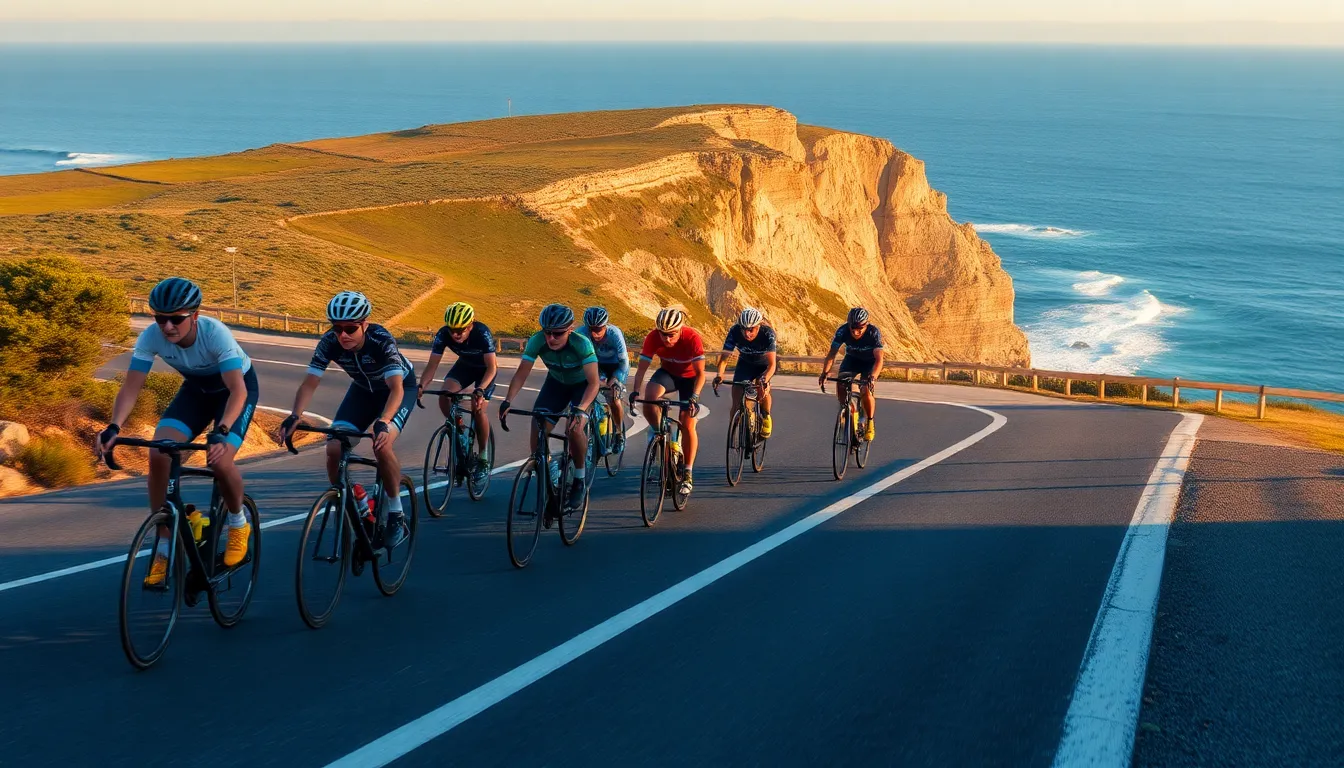 Cyclist Racing Through Forest Path This dynamic image captures a cyclist racing through a vibrant forest during golden hour. The soft, dappled light highlights the rider's determined expression while creating a serene atmosphere with warm and natural colors. The shallow depth of field draws focus on the cyclist, beautifully blurring the lush greenery surrounding them. This composition perfectly illustrates the thrill of outdoor adventure and the joy of cycling.