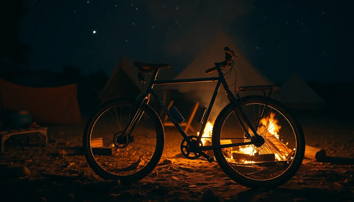 Bicycle at Night by Campfire This captivating image captures a bicycle illuminated by a warm campfire in a rustic camping setting under a starry night sky. The flickering firelight casts enchanting shadows, enhancing the bicycle's details against the backdrop of the outdoor night. The natural muted tones create a harmonious atmosphere that evokes adventure and the beauty of nighttime explorations.