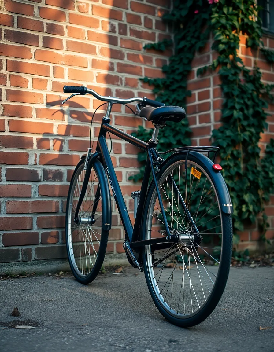 Bicycle Against Weathered Brick Wall This striking image captures a bicycle leaning against a weathered brick wall, illuminated by soft morning light. The details of the bicycle shine against the textured backdrop of aged bricks and creeping ivy, creating a rich visual narrative. The natural muted tones complement the urban setting while emphasizing the bicycle's form. With everything in sharp focus, viewers can appreciate both the bicycle's design and the intricate textures of the environment.