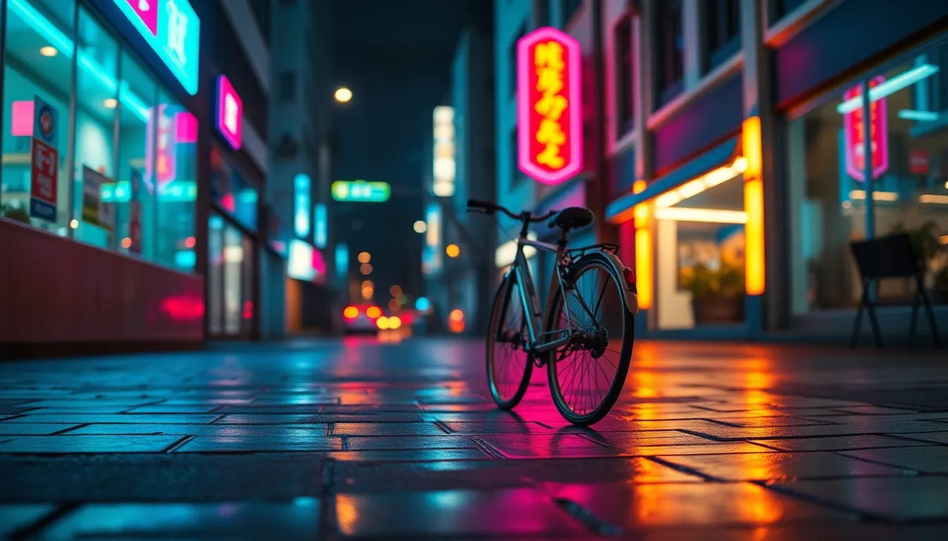 Urban Bicycle Under Neon Lights
