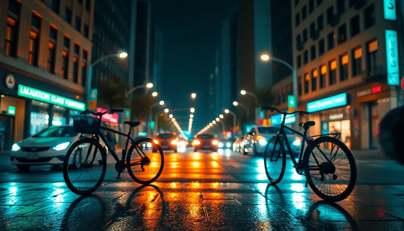 Dynamic Nighttime Bicycle Intersection This striking image showcases bicycles silhouetted against the vibrant backdrop of a busy city intersection at night. Reflections from the rain-soaked pavement amplify the dynamic streaks of city lights, creating a colorful tapestry. The shallow depth of field isolates the bicycles while the cinematic teal and orange color grading adds a contemporary flair. With a Dutch angle composition, the scene perfectly captures the pulsating energy of urban life.