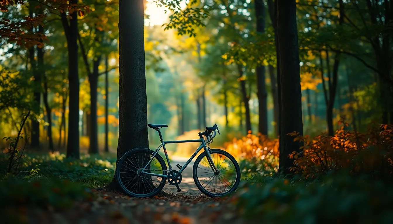 Modern Bicycle in Vibrant Forest This enchanting image features a sleek modern bicycle resting against a tree in a vibrant forest. Captured in dappled sunlight, the interplay of light and shadow creates a magical atmosphere, with rich greens and warm browns enhanced by a cinematic teal and orange color grade. The composition utilizes leading lines of the forest path, guiding the viewer's gaze towards the bicycle, while soft bokeh highlights add a dreamlike quality to the scene.